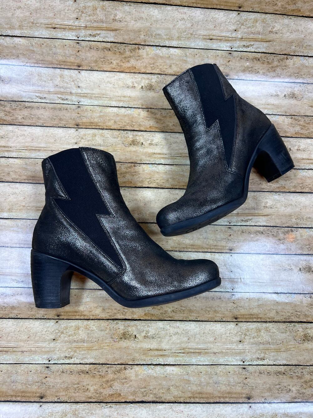 Fly London Metallic Leather Kimi Heeled Ankle Boots Lightning Size EU 41 US 10